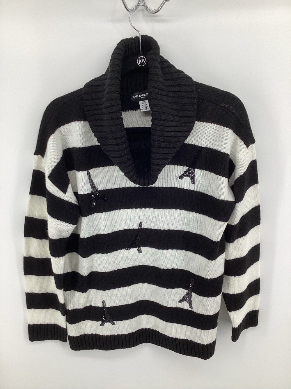 Karl Lagerfeld Black & White Striped Shawl Collar Sweater with Eiffel Tower